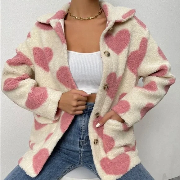Teddy coat Sherpa jacket heart cream pink fuzzy warm collar winter - Picture 2 of 8